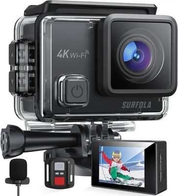 Produktbild von Surfola 4K Action Cam, 40 m Unterwasserkamera Stabilisierung, 170 ° Weitwinkel, externes Mikrofon, 2 wiederaufladbare Batterien, Fernbedienungsmontage