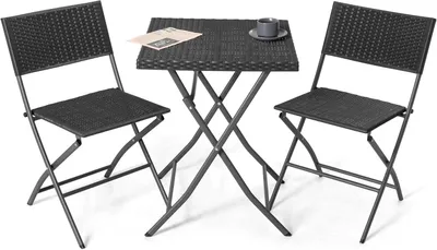 Produktbild von 3-teiliges Bistroset für 2 Personen mit Klapptisch und 2 Klappstühlen, klappbare Balkonmöbel aus wetterbeständigem PP-Rattan für den Außenbereich, Sitzgruppe für Balkon und Terrasse, Schwarz