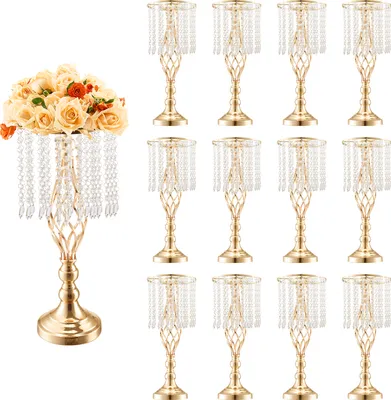 Immagine prodotto di VEVOR 12 pezzi Altezza 49 cm portafiori in cristallo per matrimoni, vaso in metallo per centrotavola di nozze, portafiori dorato, portafiori per tavoli, cene di nozze, feste, cerimonie