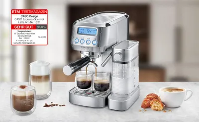 Produktbild von CASO Espresso Gourmet Latte, Siebträgermaschine mit integriertem Milchbehälter, 20 bar ULKA Pumpe, Tassenwärmeplatte, Silber, Edelstahl
