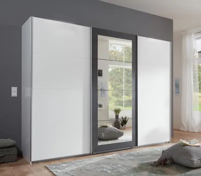 Produktbild von Schwebetürenschrank Minden Front Weiß Raw Steel Spiegel 270 cm