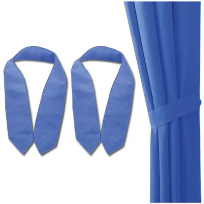 Two blue tie-backs for curtains are shown on a white background, with a section of blue curtain on the right side of the image.