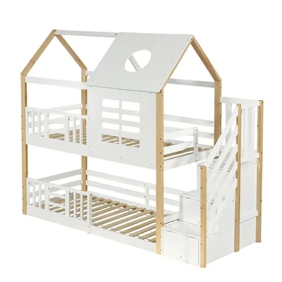 Produktbild von Flieks Etagenbett 90x200cm mit Treppe, Kinderbett Hausbett mit Rausfallschutz und Lattenrost, Hochbett mit Stauraum, Einzelbett Naturbelassen
