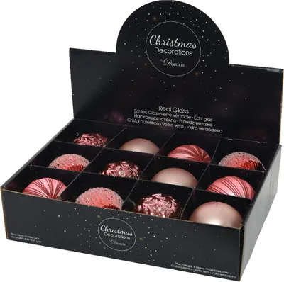 Image de Lot de 12 boules de Noël en verre rose de luxe Decoris - Décoration de Noël