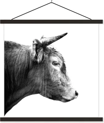 Produktbild von MuchoWow® Textilposter Schottisches Hochlandrind - Horn - Schwarz - Weiß 40x40 cm mit schwarzem Rahmen - Fotos