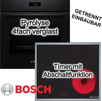 Produktbild von BOSCH Herdset 3D-Heißluft Pyrolyse LED-TouchControl Reinigungshilfe + Elektrokochfeld 60cm Glaskeramik Edelstahl Rahmen autark