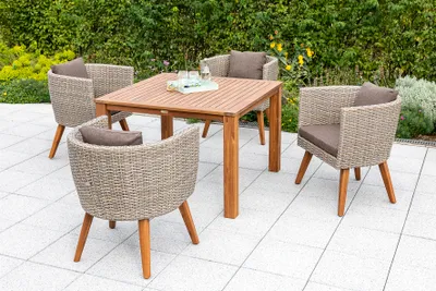 Produktbild von Merxx Gartenmöbelset "Imperia" 5tlg. mit Tisch 110 x 110 cm, inkl. Kissen - Aluminiumgestell mit Kunststoffgeflecht Steinbeige und Akazienholz