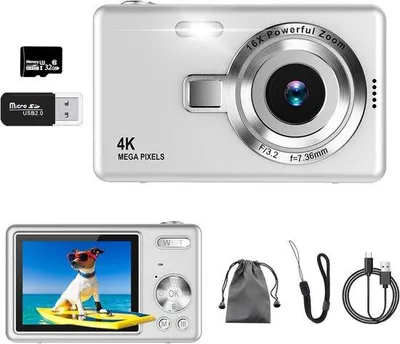 Obrázek produktu pro Kompaktní digitální fotoaparát pro děti s automatickým zaostřováním v rozlišení 4K, 50 MP, 16násobným optickým zoomem, bleskem a stabilizací obrazu.