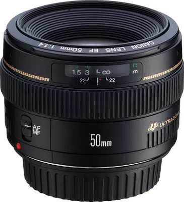 A close-up studio shot of a Canon EF 50mm f/1.4 lens against a white background.