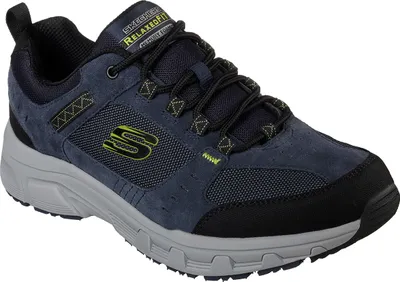 A single blue Skechers sneaker is shown from a side angle against a white background.