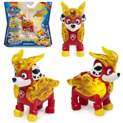 A collage of product images showing a Paw Patrol Mighty Pups Deluxe toy, Marshall, in its packaging and from different angles.