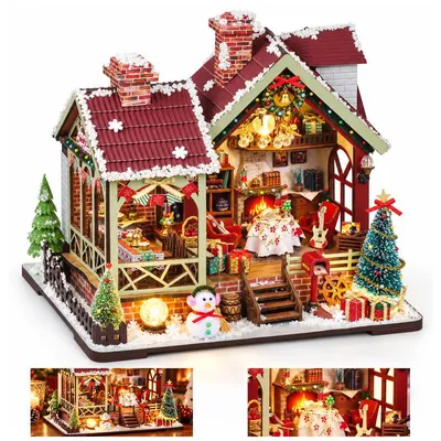 Produktbild von Weihnachtshaus DIY Miniaturhaus, Weihnachtsdorf Modell zum Zusammenbauen mit Licht und Spieluhr, festliche Weihnachtsdekoration, 23,7 x 17 x 19,5 cm