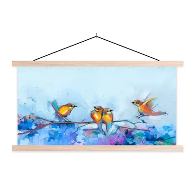 Produktbild von MuchoWow® Textilposter Gemälde - Ölfarbe - Vogel - Zweig 60x30 cm mit holzfarbenen Rahmen - Dekoration