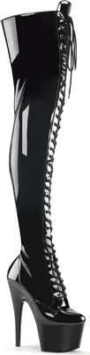 A single black thigh-high boot with a platform and high heel, shown from the side.