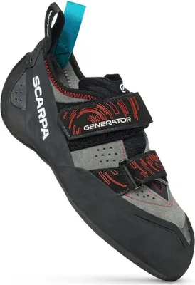 Schwarzer und grauer Kletterschuh "Generator V" von Scarpa mit roten Akzenten und Klettverschluss.