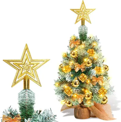 Produktbild von ISOISL Mini Weihnachtsbaum Tannenbaum Künstlicher Christbaum mit LED-Lichterkette, Tischdeko mit Christbaumkugeln und Schleife, 40cm Gold