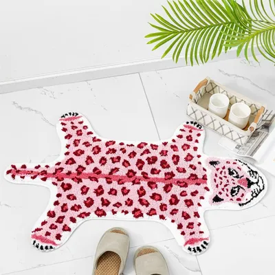 Image de Tapis de bain léopard, 60 x 100 cm, rose, en microfibre, antidérapant