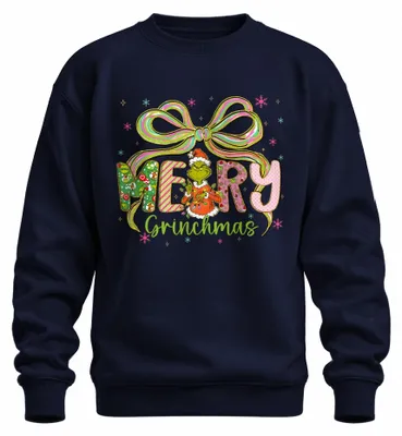 Imagen del producto de "Feliz Grinchmas", diseño navideño del Grinch, divertido, lazo colorido, sudadera uni, color azul marino, talla 3XL