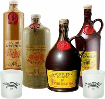 Produktbild von Set mit 4 Jaros Mets (Honigwein 3x Dwójniak-Halber / Trójniak-Drittel) mit 2 Bechern | 3000ml | 13-16% Alkohol Metwein | Polnische Produktion