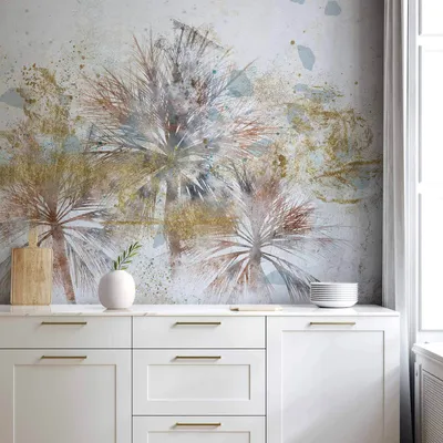 Produktbild von Vlies Fototapete - Grey palms - plant motif in an abstract composition with patterns 250x175 cm Blätter b-A-10147-a-a