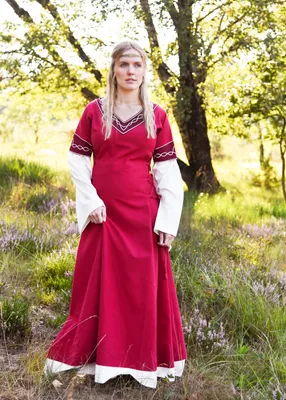 Produktbild von Mittelalterkleid Alvina, rot/natur mit Stickerei - Mittelalter Wikinger LARP Kleid Kostüme Damen Größe: XL