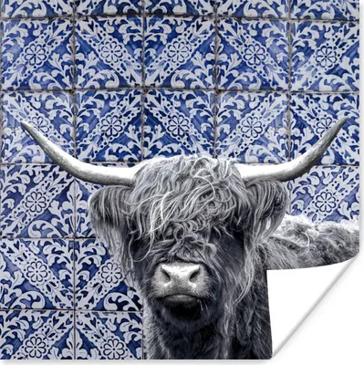 Produktbild von MuchoWow® Poster Schottischer Highlander - Delfter Blau - Schwarz - Weiß 100x100 cm - Babyzimmer
