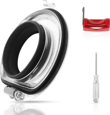 A clear studio shot of a vacuum cleaner dustbin lid and accessories on a white background.