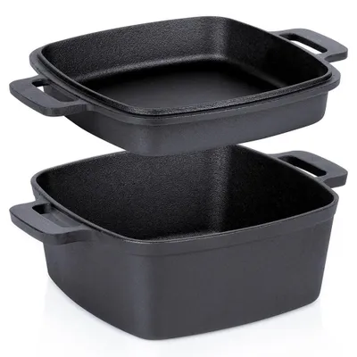 Zdjęcie produktu dla Garnek żeliwny z pokrywką - 2 w 1 - 25 cm - pojemność 4,5 l / 1,8 l - kolor czarny