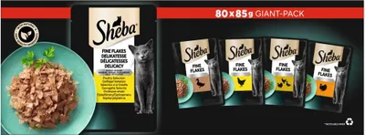 A product packaging shot showing a large pack of Sheba cat food pouches, with a close-up of one pouch and a display of multiple pouches.