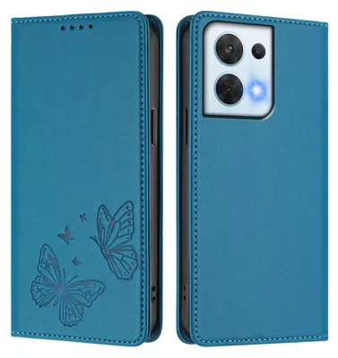 Produktbild von Lederhülle für Oppo Reno8 5G, Schmetterling Prägung Leder Brieftasche Schutzhülle mit Ständer Blau