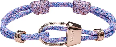 Wristband für Kletterer und Boulderer von 8b+; aus geflochtenem Material in lila und rosa; mit metallischem Verschluss.