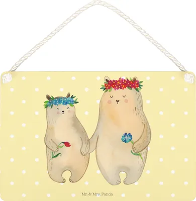 Produktbild von Mr. & Mrs. Panda Schild Bären mit Blumenkranz DIN A5 - Gelb Pastell - Geschenk, Türschild, Freundinnen, wandtafel, Muttertag, Mama, holzbild, Familie, Dekobrett
