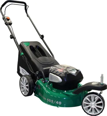 A studio shot of a green and black electric lawnmower on a white background.