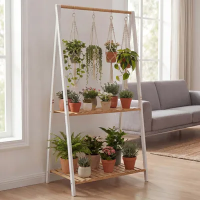 Produktbild von Bambus Pflanzenregal MCW-Q32, Blumentreppe Blumenständer Pflanzentreppe, Stange 2 Ablagen 130x70x44cm  natur-weiß