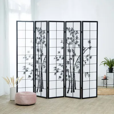 Produktbild von Homestyle4u 287, Paravent Raumteiler 5 teilig|Sichtschutz|Holz Schwarz|Reispapier|Höhe 179 cm