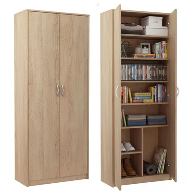 Produktbild von Mehrzweckschrank mit 8 Fächern Besenschrank Haushaltsschrank in mattem Finish mit 6 Einlegeböden und 2 Türen, 74 cm breit aus Laminatplatte und hochwertigen Polymergriffen sonoma