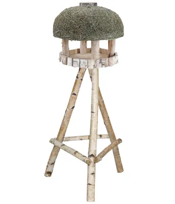 Produktbild von Dehner Natura Futterhaus Amberg, Vogelhaus mit Heudach für Wildvögel / Gartenvögel, inkl. Ständer, 145 x 60 x 60 cm, Birkenholz / Heu