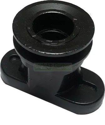 A black lawnmower blade holder is shown against a white background.