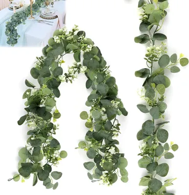 Produktbild von Girlande Künstliche Eukalyptus-Girlanden, MOLENCO, 2 Stück, 1,8 m, dekorative Eukalyptus-Girlande mit weißen Blumen, Eukalyptus-Hängeranken für Esstis