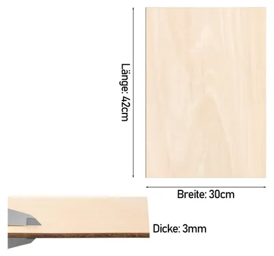 Immagine prodotto di TolleTour 50 pz. foglio di legno A3 | 420 x 300 x 3 | Tavolette di compensato sottile | Foglio perfetto per seghetto, pirografia, taglio laser, router CNC, openwork