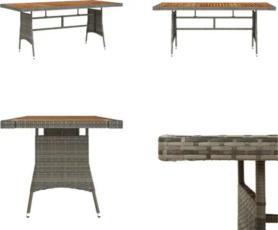 Four separate images of a rectangular outdoor table with a woven rattan base and a wooden top.