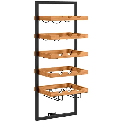 Produktbild von 5-Ebenen Wand-Weinregal aus Kiefernholz & Stahl - Flaschenhalter & Gläserhalter für Küche, Wohnzimmer, Hausbar (Braun)