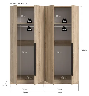 Produktbild von xonox.home Kopenhagen Kleiderschrankkombination (B/H/T: 160x180x52 cm) in Sonoma Eiche Nachbildung und Sonoma Eiche Nachbildung