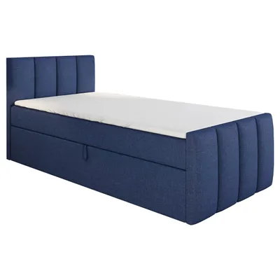 A single blue boxspring bed with a white mattress and topper, shown from a side-angle on a white background.