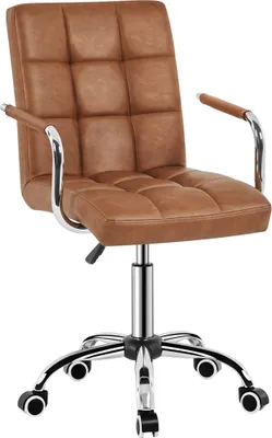A brown faux leather office chair with chrome accents is shown against a white background.