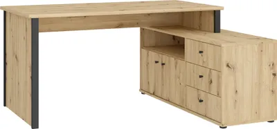 Zdjęcie produktu dla Forte TEMPRA 2 Biurko 120, nowoczesne biurko w kształcie litery L z półką, 2 drzwiami, 3 szufladami, materiał drewnopochodny, dekor dębowy Artisan/czarny, szerokość 120,6 cm x wysokość 74,9 cm x głębokość 151,4 cm