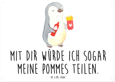 Produktbild von Mr. & Mrs. Panda Schild Pinguin Pommes DIN A5 - Weiß - Geschenk, Freundin, tafel, Wandbild, Blechschild, Liebesbeweis, für, Frauen, wandtafel, Hochzeitstag, Freund