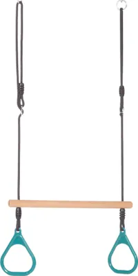 A product image of a wooden bar trapeze with turquoise rings, suspended by gray ropes against a white background.