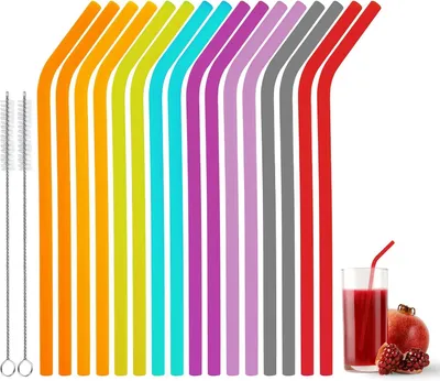 Productafbeelding van Siliconen rietjes - Set van 16 - Kleurrijke rietjes - Herbruikbare siliconen rietjes met 2 rietjes - Reinigingsborstel voor cocktails - Sappen