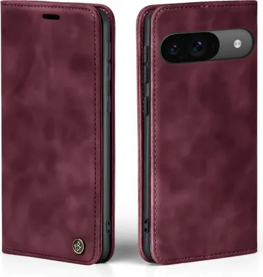 A burgundy flip case for a Google Pixel phone is shown from two angles.